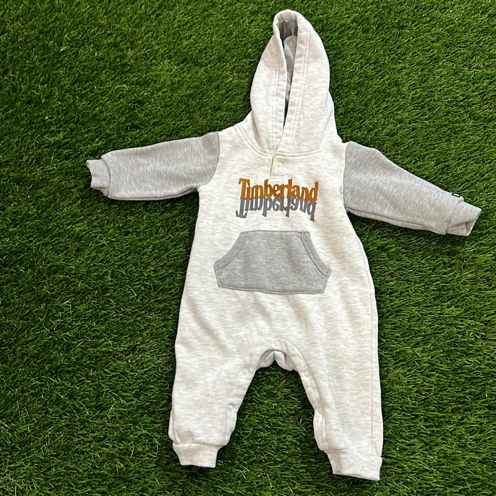 Timberland Baby Hooded One-Piece Romper in Light Gray